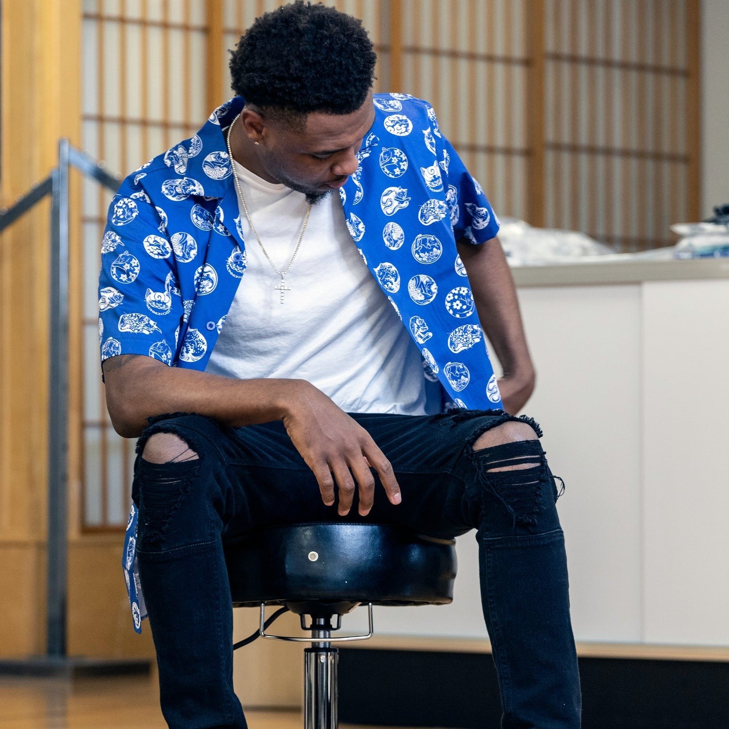 CURLED CAT VACATION SHIRT|ブルー